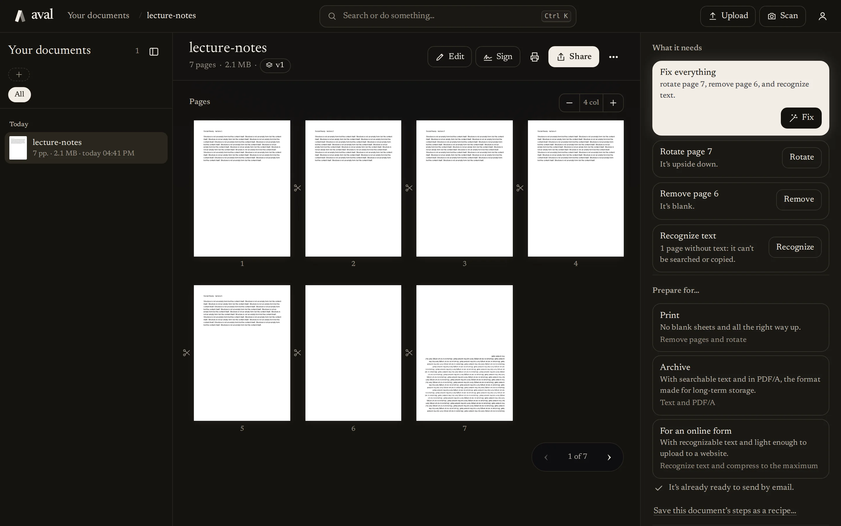 aval Workspace on a computer: your documents, the open document and the inspector