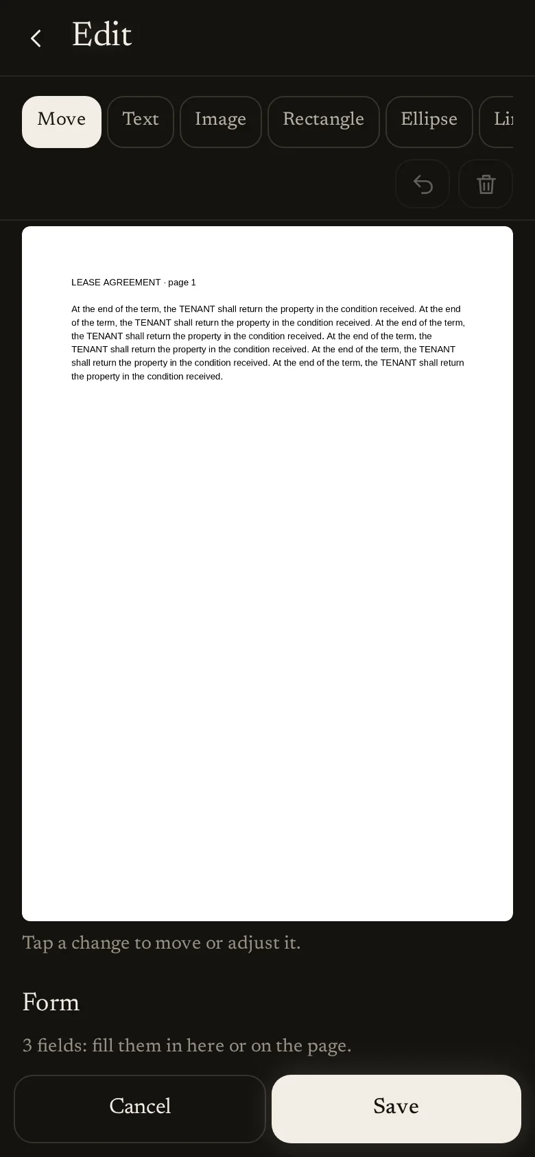 Changes go inside the document.