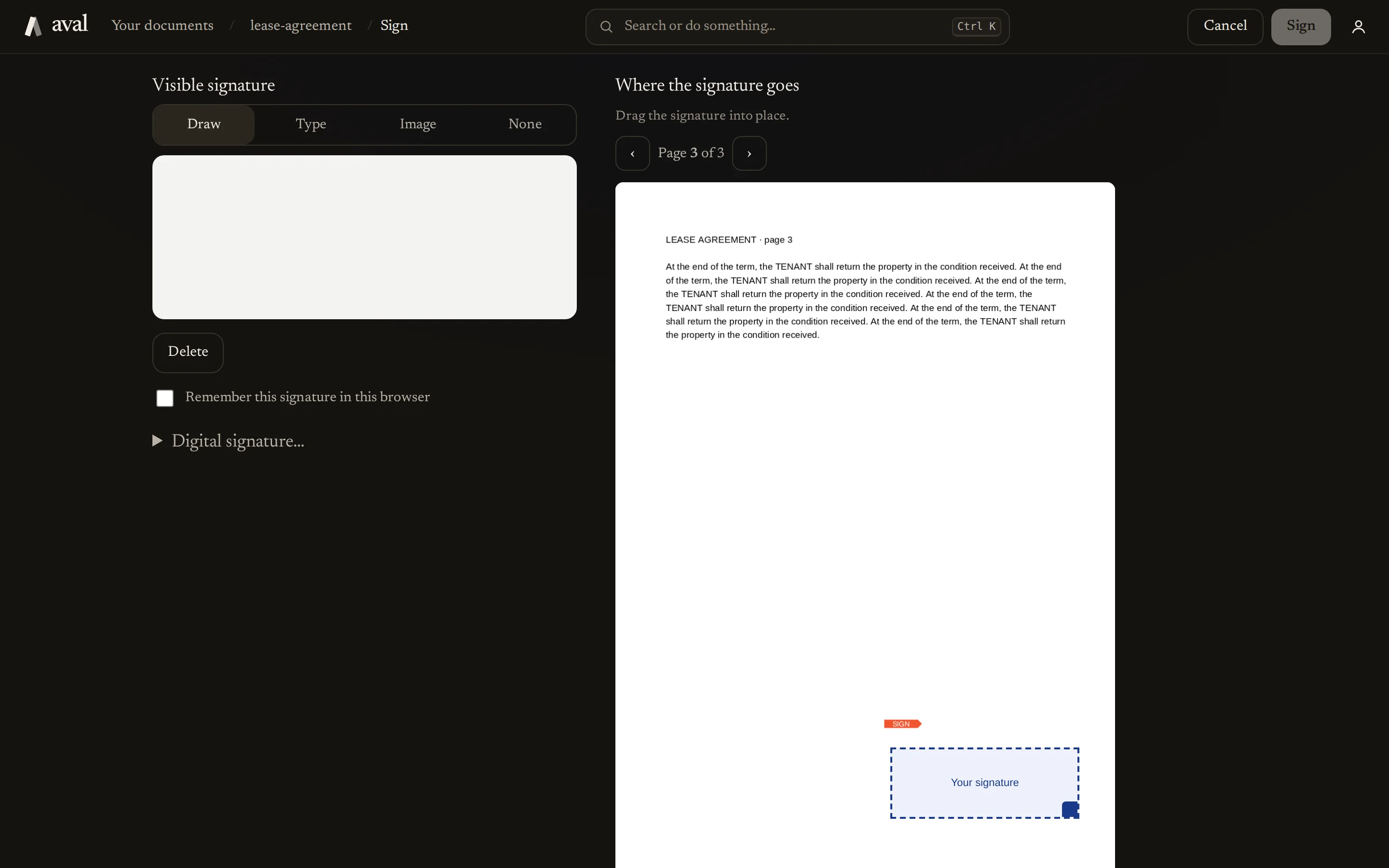 Placing a signature on a contract page in aval Workspace