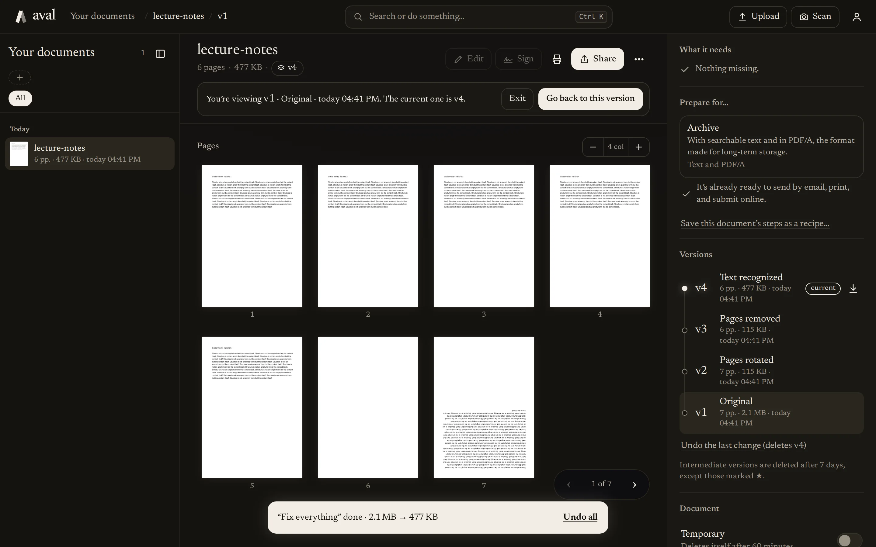 Version history of a document in aval Workspace