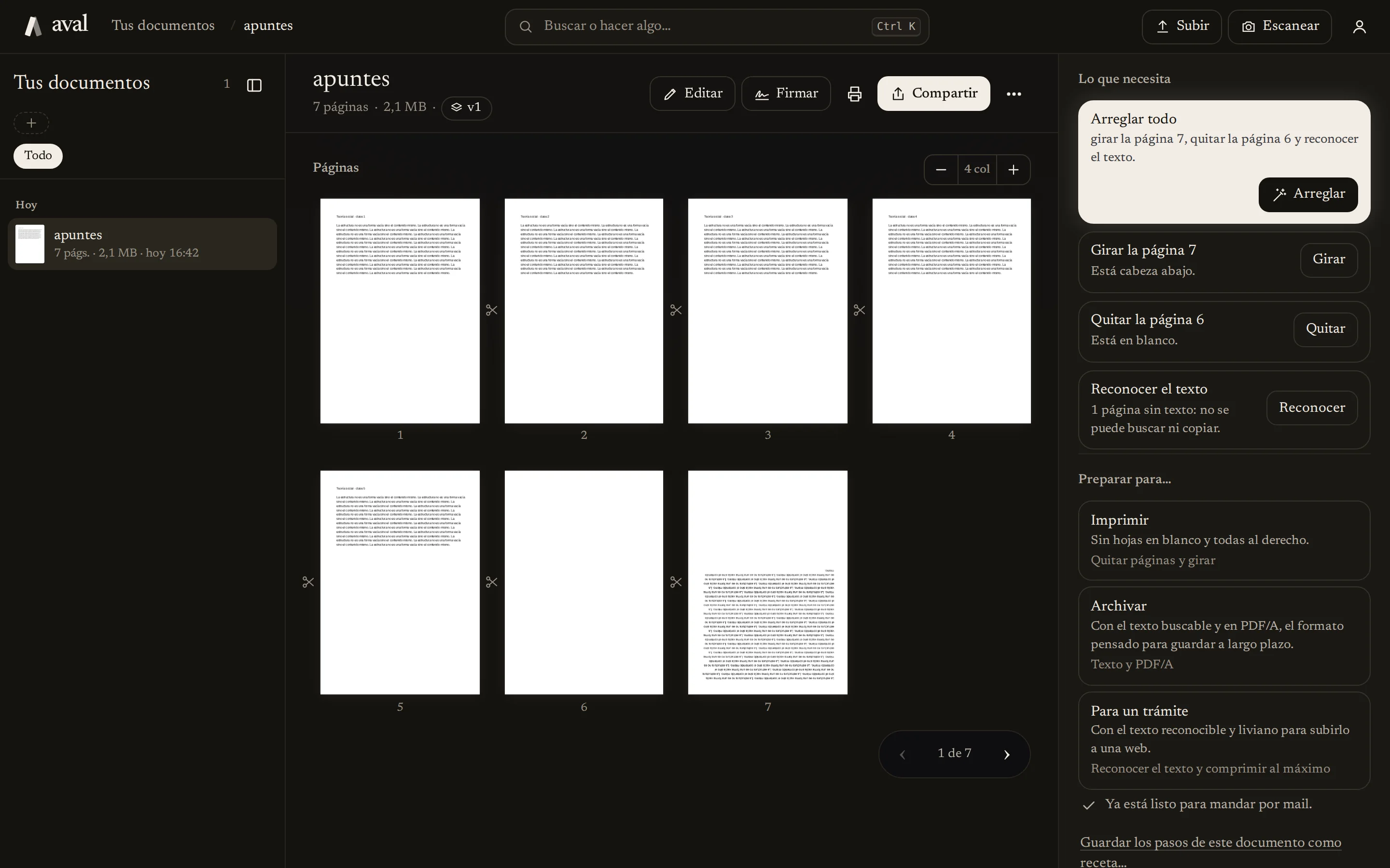 aval Workspace en la PC: tus documentos, el documento abierto y el inspector