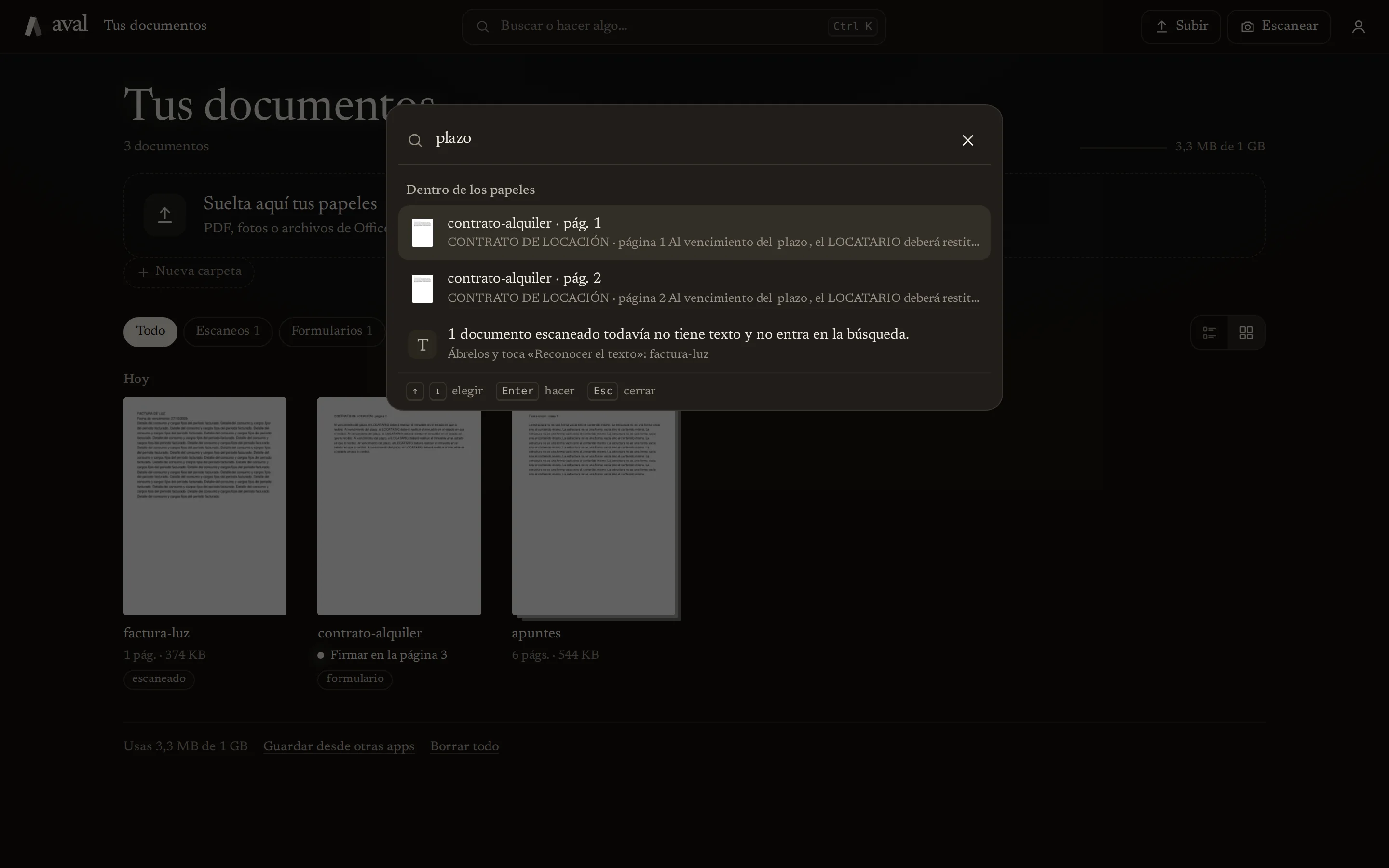 Buscar una palabra dentro del texto de tus documentos en aval Workspace