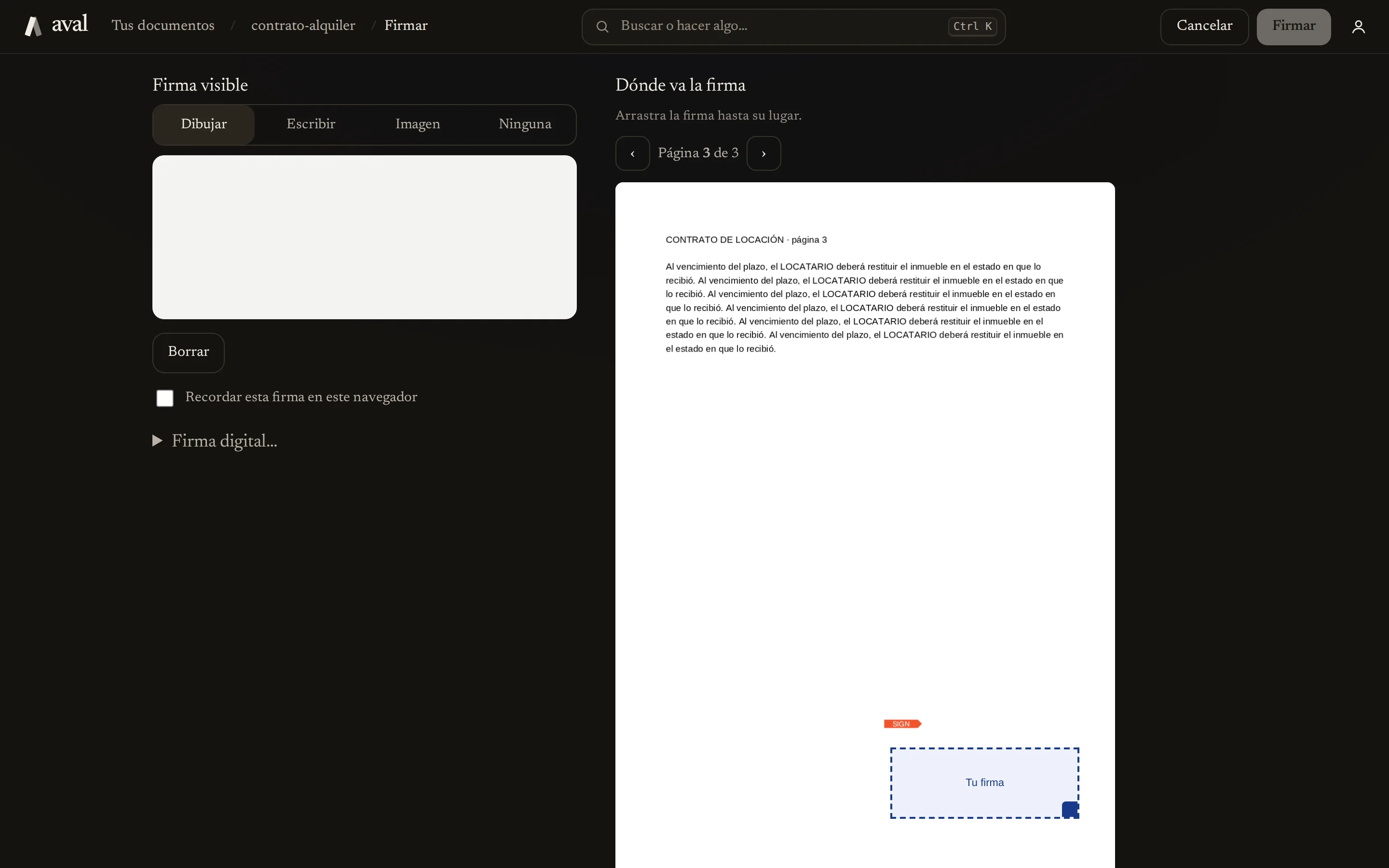 Colocar la firma en una página de un contrato en aval Workspace