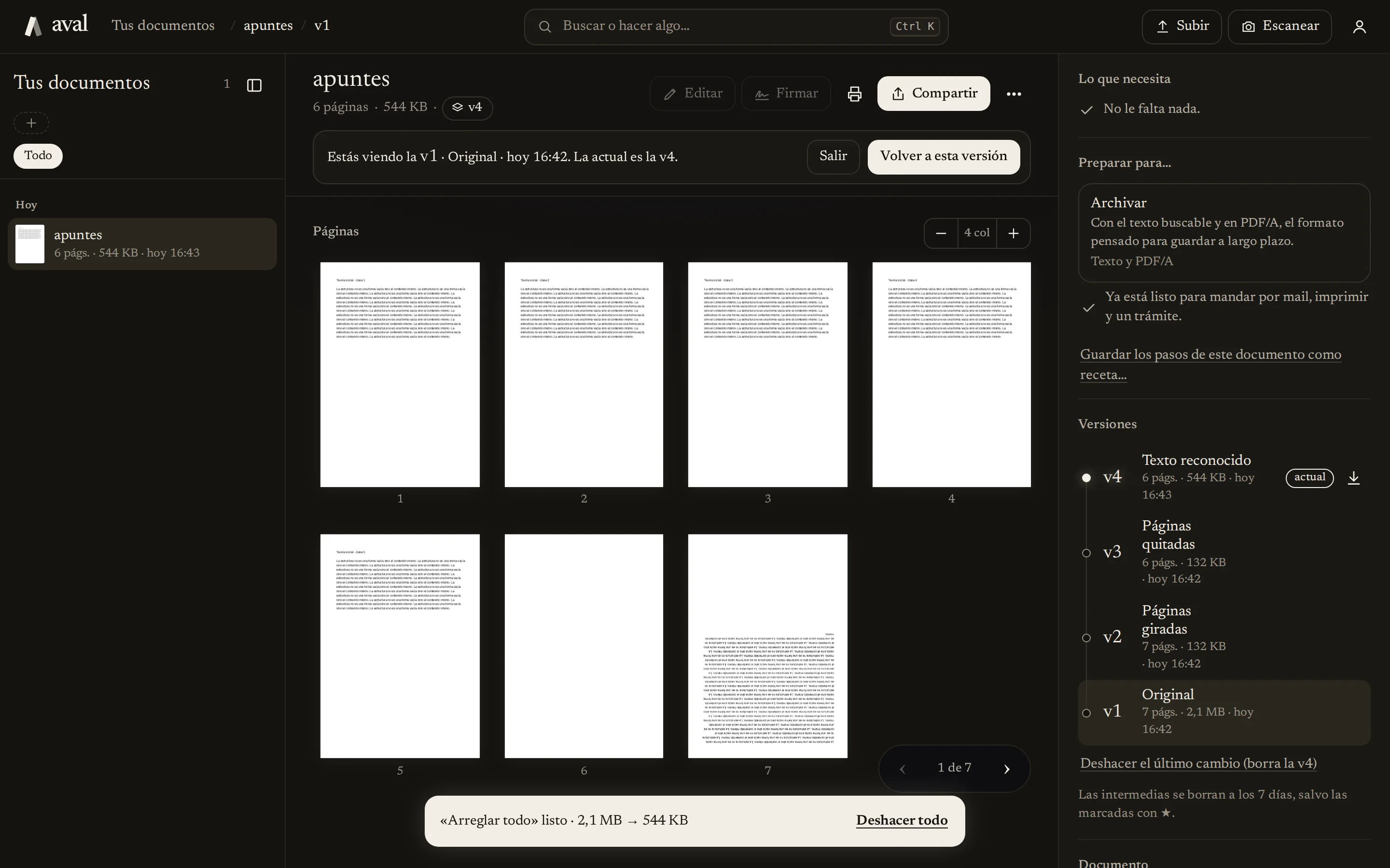 Historial de versiones de un documento en aval Workspace